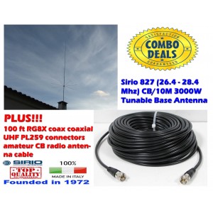 Combo: Sirio 827 (26.4 - 28.4 MHz) CB Antenna Kit 3000W Tunable Base Antenna with 100Ft Coax
