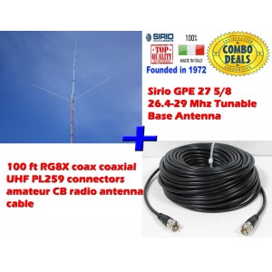 Combo: Sirio GPE 27 5/8 (26.4 - 29 MHz) Tunable CB Antenna Kit Base Antenna + 100 ft Coax