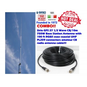 Combo: Sirio GPS 27 1/2 Wave (26.4 - 29.0 MHz) CB Antenna Kit Base Station Antenna 100 Ft Coax