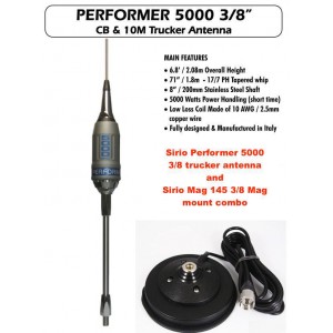 Combo: Sirio Performer 5000 (27 - 30 MHz)  CB Antenna Kit 3/8 Mobile Trucker Antenna and Mag Mount