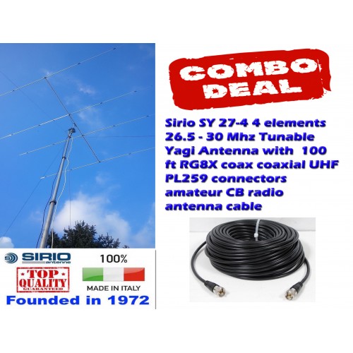 Combo: Sirio SY 27-4 4 elements (26.9 - 27.5 MHz) CB Antenna Kit Tunable Yagi Antenna with 100 Ft Coax
