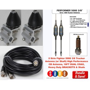 Trucker Combo: Dual Sirio Performer 5000 3/8 LED Trucker Antenna, Dual brackets Co-Phase Cable