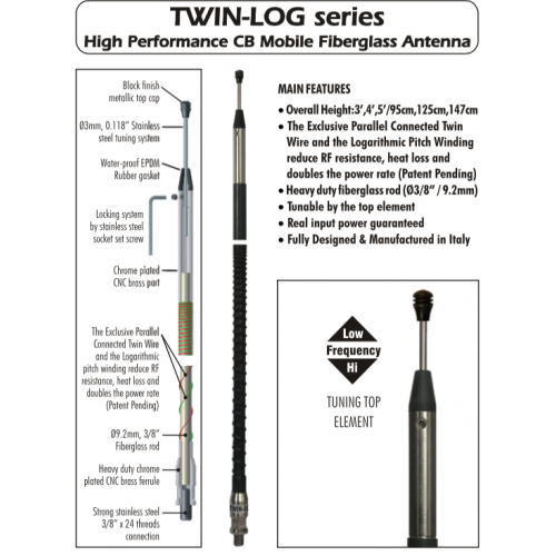 Sirio TWIN-LOG High Performance CB Mobile Fiberglass Antenna